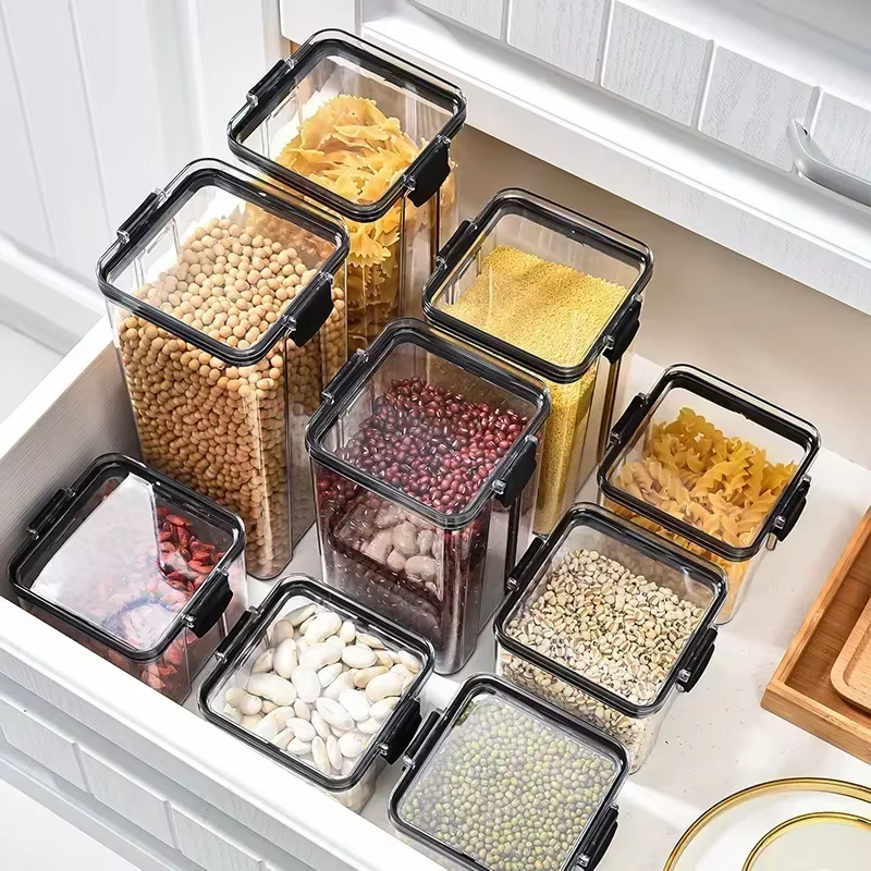 Conjuntos de 460-1800ml, tarro sellado apilable para cocina, caja de almacenamiento de alimentos de plástico, botella con tanque multigrano, contenedores de almacenamiento de té y frutas secas Conjuntos de 460-1800ml, tarro sellado apilable para cocina